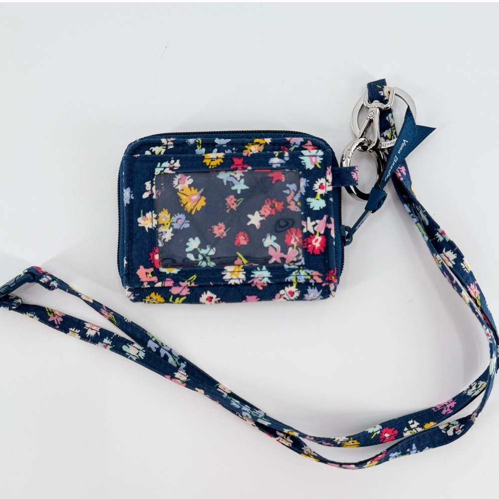VERA BRADLEY Floral Zip ID Case Lanyard Navy Blue Quilted Cotton Wallet Keychain